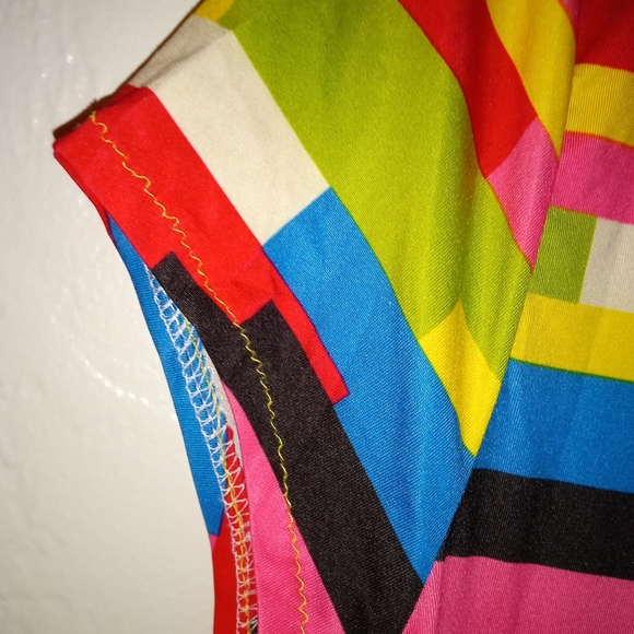 Vintage 🌈 Rainbow Stretchy Button Up Mini Retro 80's Dress - Picture 9 of 11